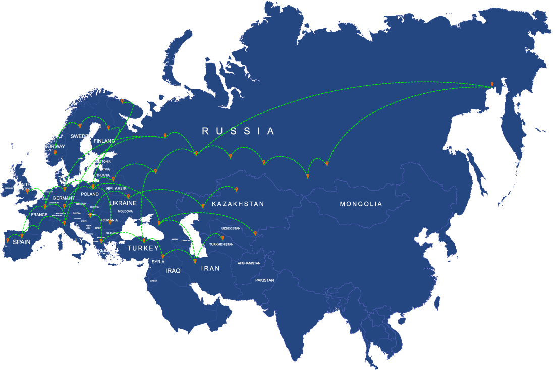 Карта направлений из Азии в Европу